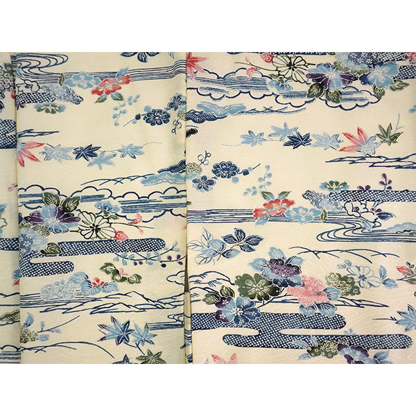 Vintage Haori Kimono Jacket Silk, Ivory Beige base, Clouds, Flowing Water, Maple Leaves & Mist Patterns