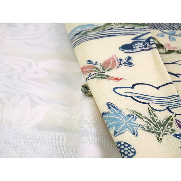 Vintage Haori Kimono Jacket Silk, Ivory Beige base, Clouds, Flowing Water, Maple Leaves & Mist Patterns