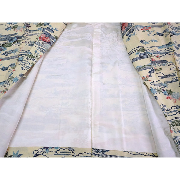 Vintage Haori Kimono Jacket Silk, Ivory Beige base, Clouds, Flowing Water, Maple Leaves & Mist Patterns