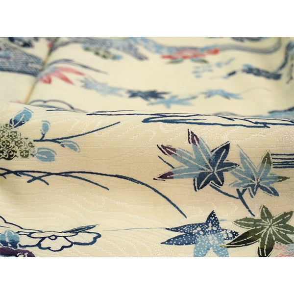 Vintage Haori Kimono Jacket Silk, Ivory Beige base, Clouds, Flowing Water, Maple Leaves & Mist Patterns