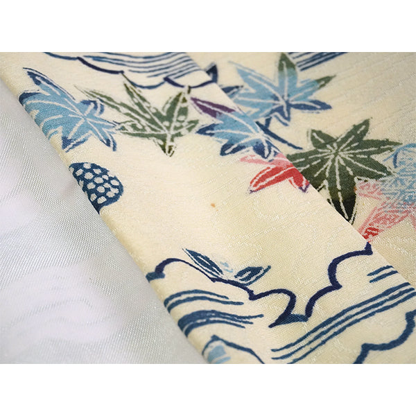 Vintage Haori Kimono Jacket Silk, Ivory Beige base, Clouds, Flowing Water, Maple Leaves & Mist Patterns