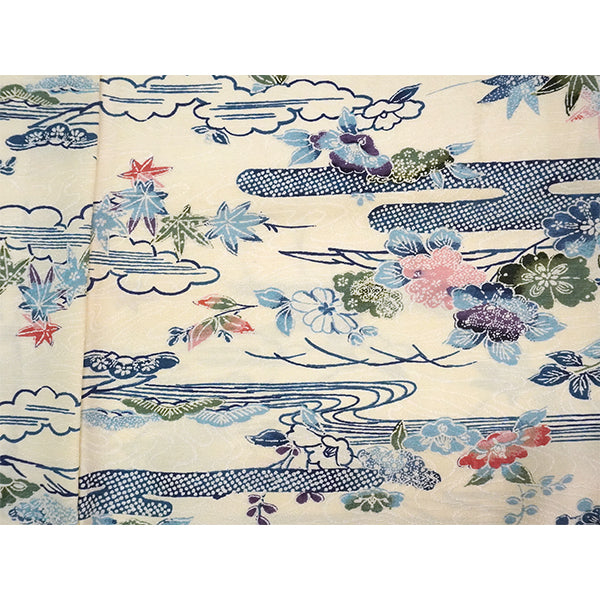 Vintage Haori Kimono Jacket Silk, Ivory Beige base, Clouds, Flowing Water, Maple Leaves & Mist Patterns