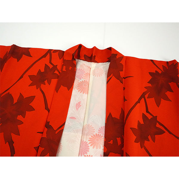 Vintage Haori Kimono Jacket Silk,Vivid Red base,  Maple Leaves