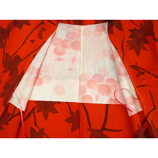 Vintage Haori Kimono Jacket Silk,Vivid Red base,  Maple Leaves