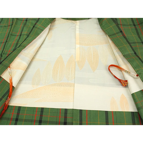 Vintage Haori Kimono Jacket Silk,Green base, Lattice Pattern