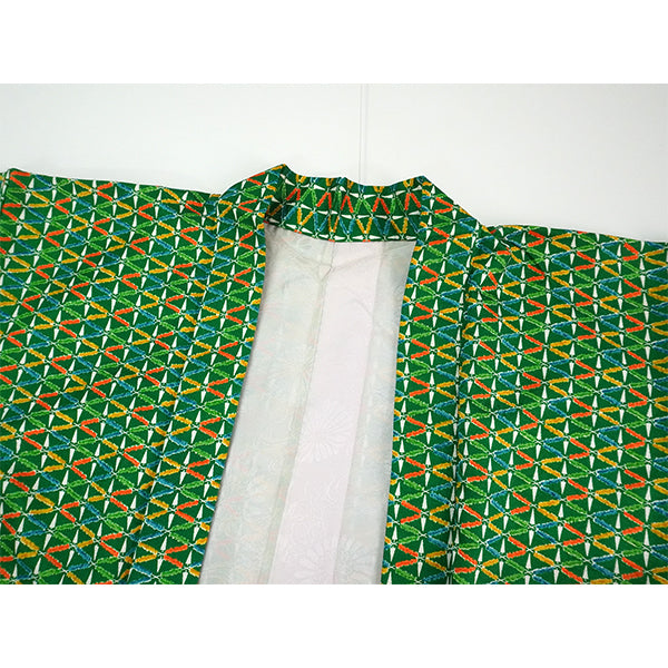 Vintage Haori Kimono Jacket Silk, Green base, Colorful Geometric Patterns