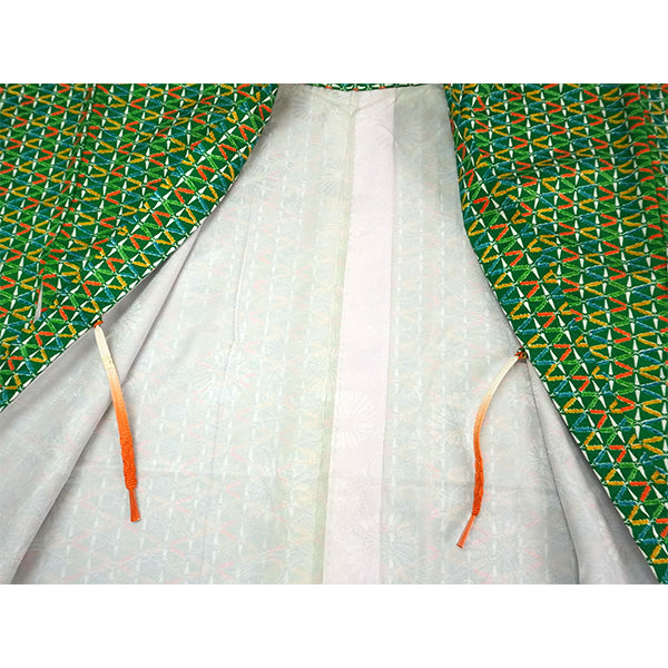 Vintage Haori Kimono Jacket Silk, Green base, Colorful Geometric Patterns