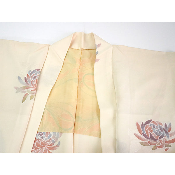 Vintage Haori Kimono Jacket Silk, Ivory Beige base,Chrysanthemums