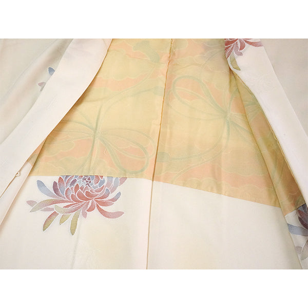 Vintage Haori Kimono Jacket Silk, Ivory Beige base,Chrysanthemums