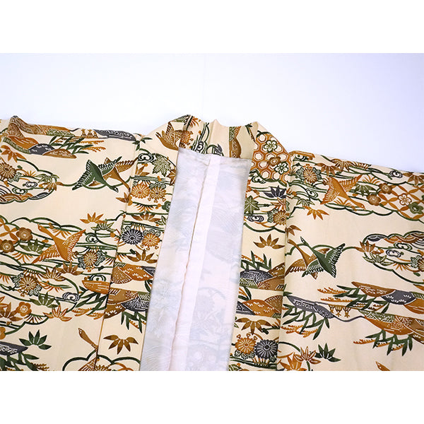 Vintage Haori Kimono Jacket Silk, Beige base, Plum Blossoms and Scenic Landscape