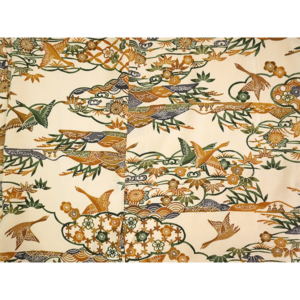 Vintage Haori Kimono Jacket Silk, Beige base, Plum Blossoms and Scenic Landscape