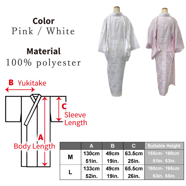 Women's Washable Nagajuban,Kimono Undergarment with Haneri White/Pink