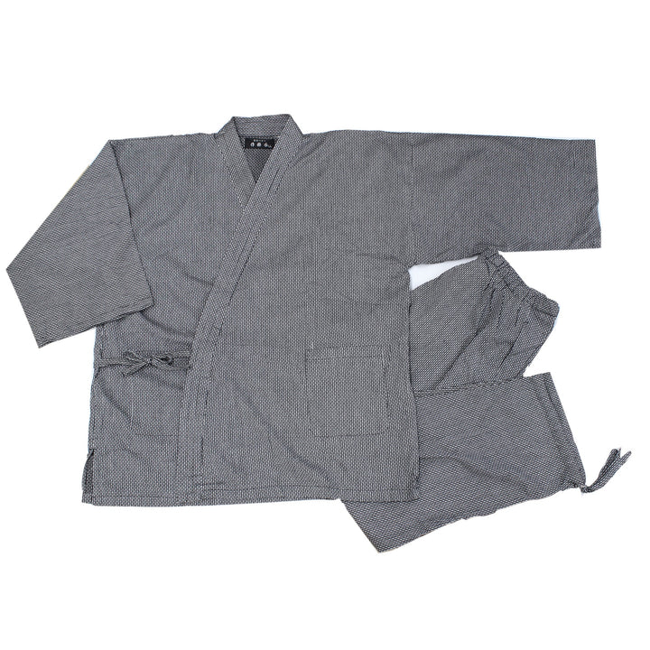 Men's Samue Jacket and Pants, Japanese Kimono Longewear - Sashiko Weave, Black