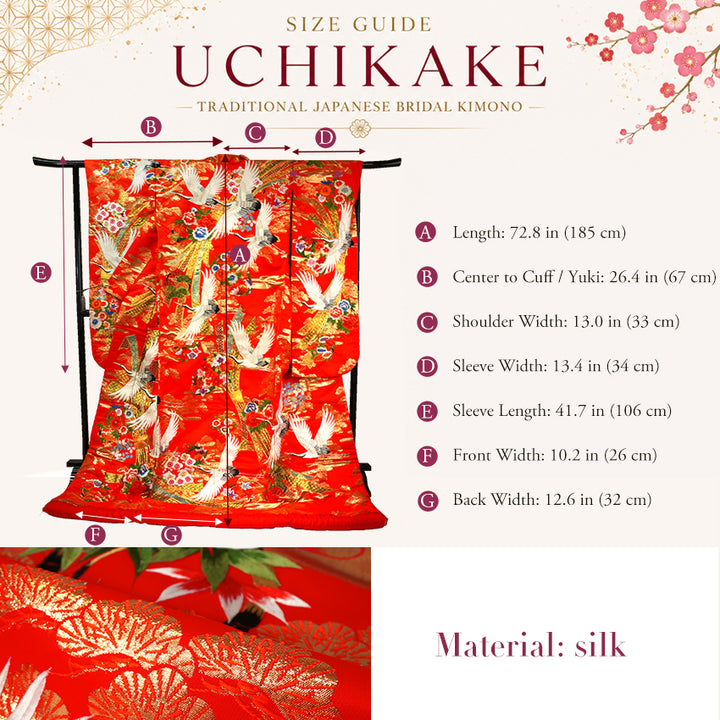 Vintage Japanese Uchikake Wedding Kimono, Vermilion Red with Cranes, Plum Blossoms & Gold Thread