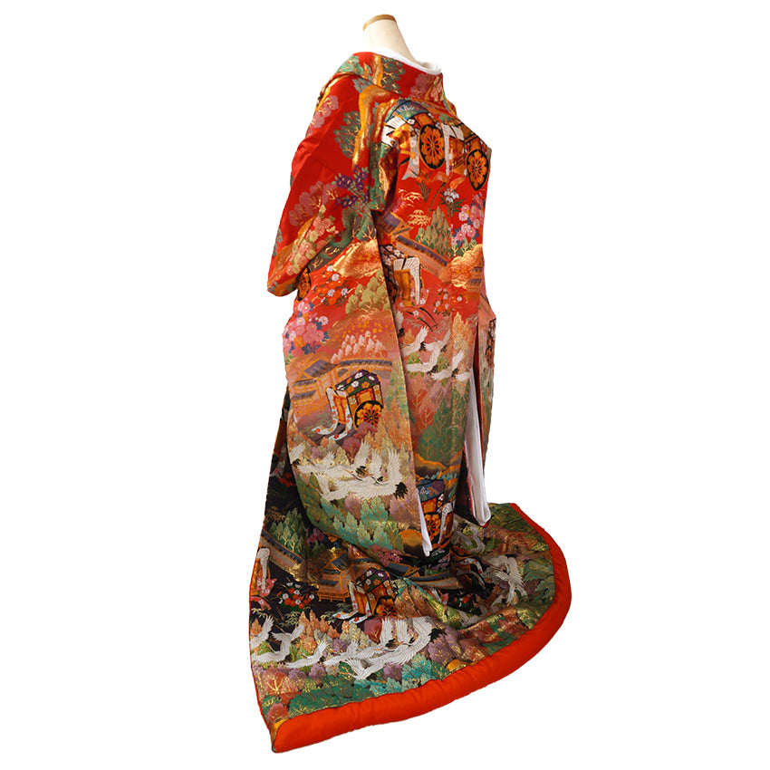 Vintage Japanese Uchikake Wedding Kimono, Red & Black with Cranes, Gosho-Guruma, Chrysanthemums & Gold Embroidery