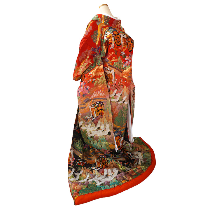 Vintage Japanese Uchikake Wedding Kimono, Red & Black with Cranes, Gosho-Guruma, Chrysanthemums & Gold Embroidery