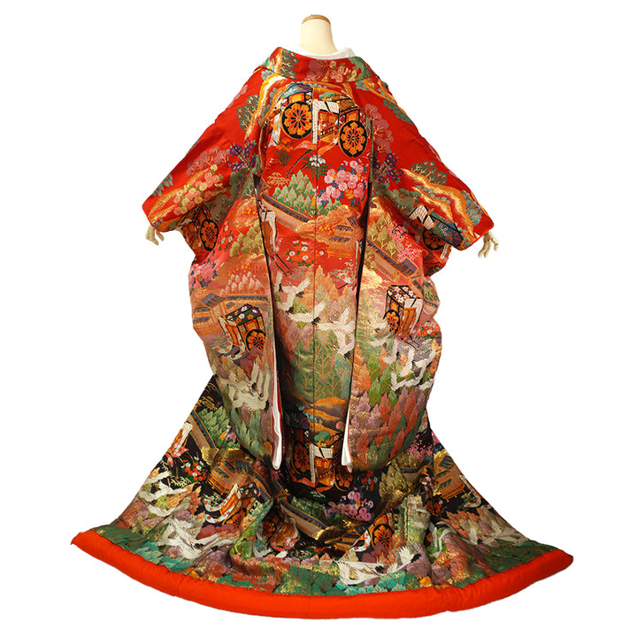 Vintage Japanese Uchikake Wedding Kimono, Red & Black with Cranes, Gosho-Guruma, Chrysanthemums & Gold Embroidery
