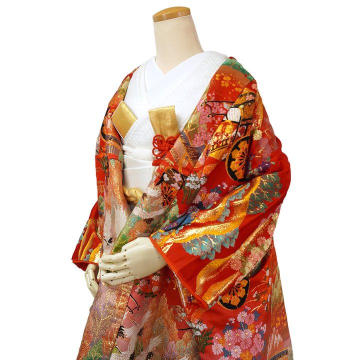 Vintage Japanese Uchikake Wedding Kimono, Red & Black with Cranes, Gosho-Guruma, Chrysanthemums & Gold Embroidery