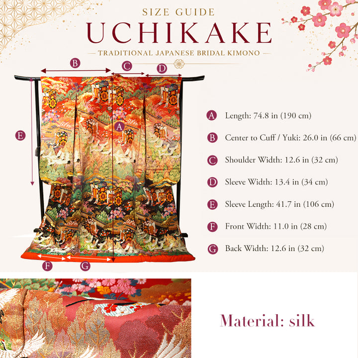 Vintage Japanese Uchikake Wedding Kimono, Red & Black with Cranes, Gosho-Guruma, Chrysanthemums & Gold Embroidery