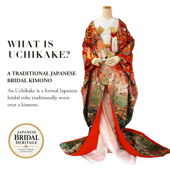 Vintage Japanese Uchikake Wedding Kimono, Red & Black with Cranes, Gosho-Guruma, Chrysanthemums & Gold Embroidery
