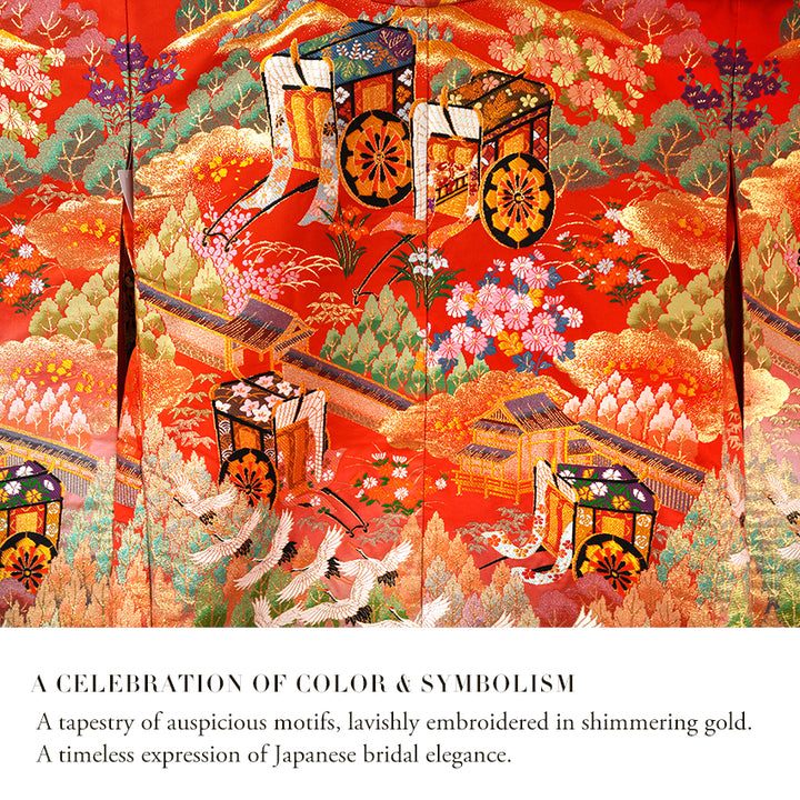 Vintage Japanese Uchikake Wedding Kimono, Red & Black with Cranes, Gosho-Guruma, Chrysanthemums & Gold Embroidery