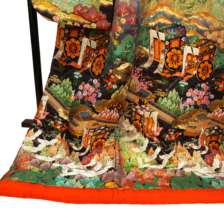 Vintage Japanese Uchikake Wedding Kimono, Red & Black with Cranes, Gosho-Guruma, Chrysanthemums & Gold Embroidery