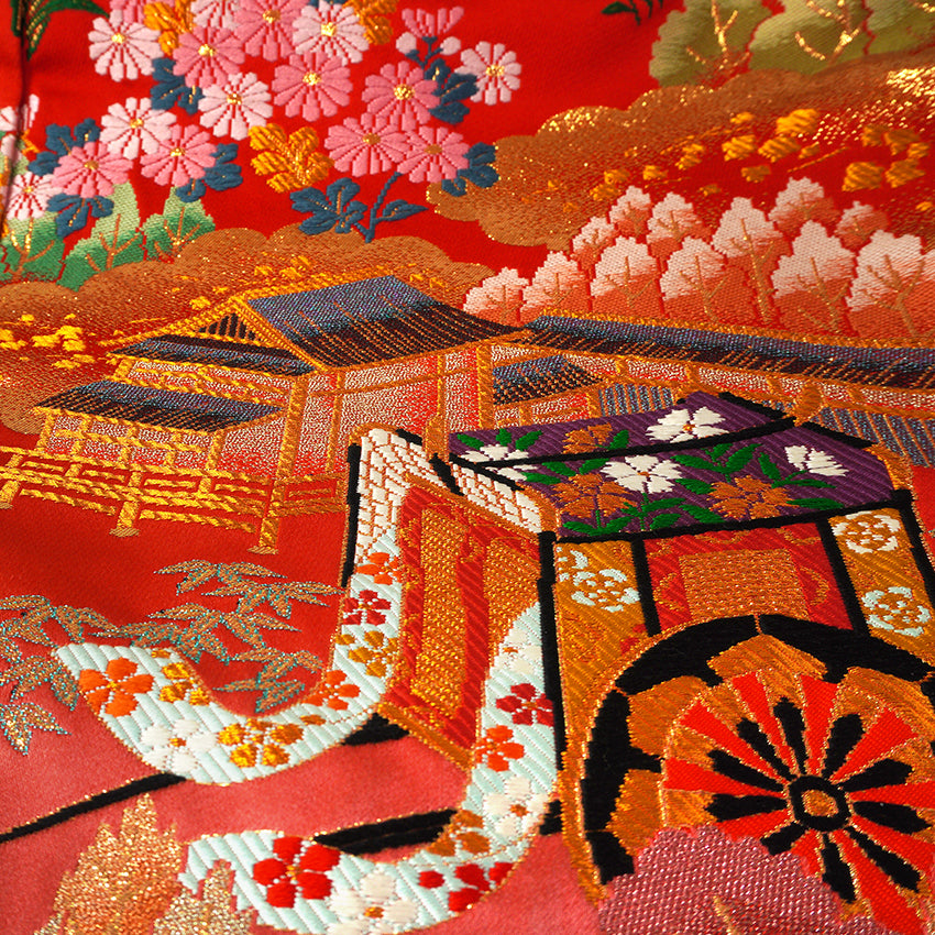 Vintage Japanese Uchikake Wedding Kimono, Red & Black with Cranes, Gosho-Guruma, Chrysanthemums & Gold Embroidery