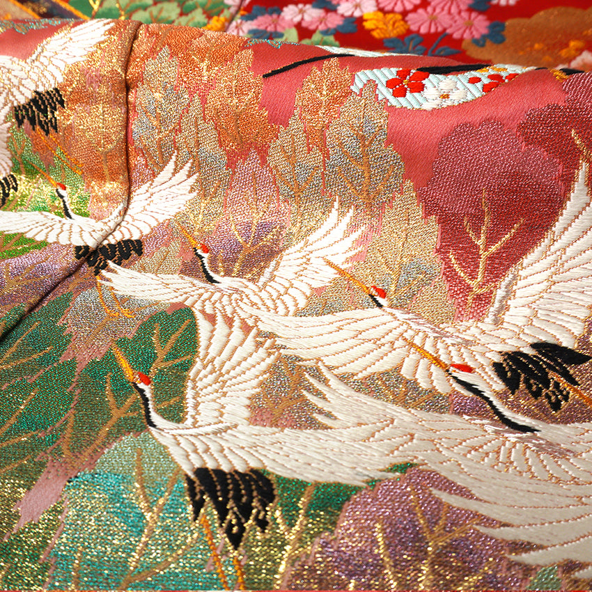 Vintage Japanese Uchikake Wedding Kimono, Red & Black with Cranes, Gosho-Guruma, Chrysanthemums & Gold Embroidery