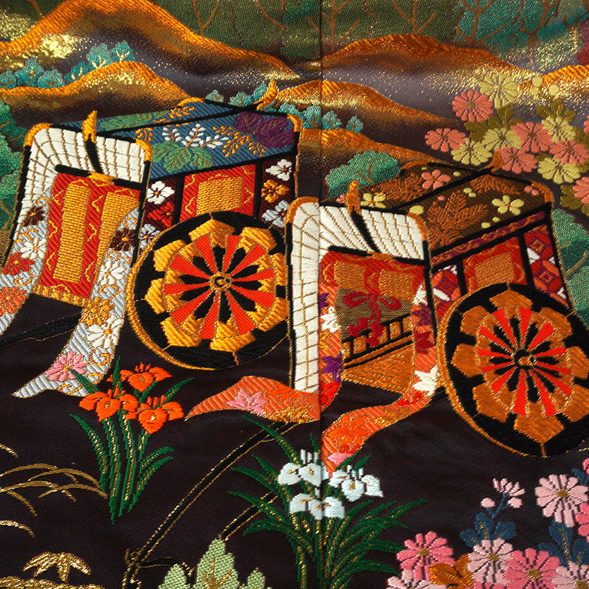 Vintage Japanese Uchikake Wedding Kimono, Red & Black with Cranes, Gosho-Guruma, Chrysanthemums & Gold Embroidery