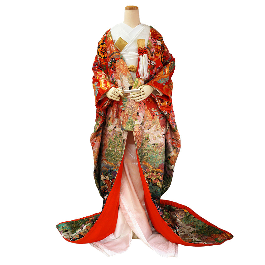 Vintage Japanese Uchikake Wedding Kimono, Red & Black with Cranes, Gosho-Guruma, Chrysanthemums & Gold Embroidery