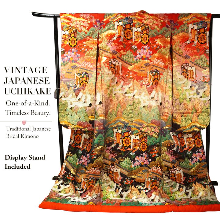 Vintage Japanese Uchikake Wedding Kimono, Red & Black with Cranes, Gosho-Guruma, Chrysanthemums & Gold Embroidery