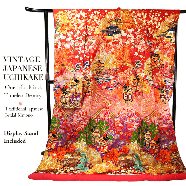 Vintage Japanese Uchikake Wedding Kimono, Red with Purple, Kinkaku-ji, Kiyomizu-dera & Cherry