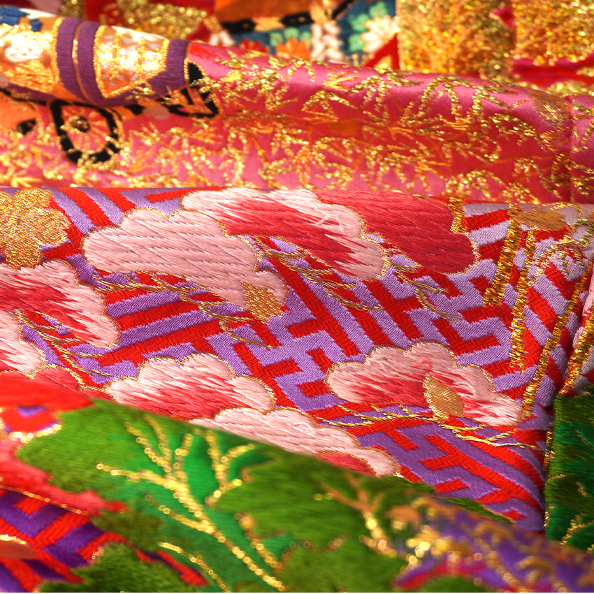 Vintage Japanese Uchikake Wedding Kimono, Red with Purple, Kinkaku-ji, Kiyomizu-dera & Cherry