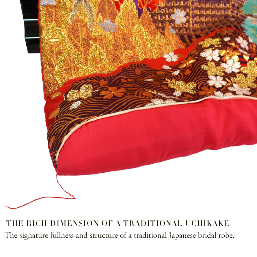 Vintage Japanese Uchikake Wedding Kimono, Red with Purple, Kinkaku-ji, Kiyomizu-dera & Cherry