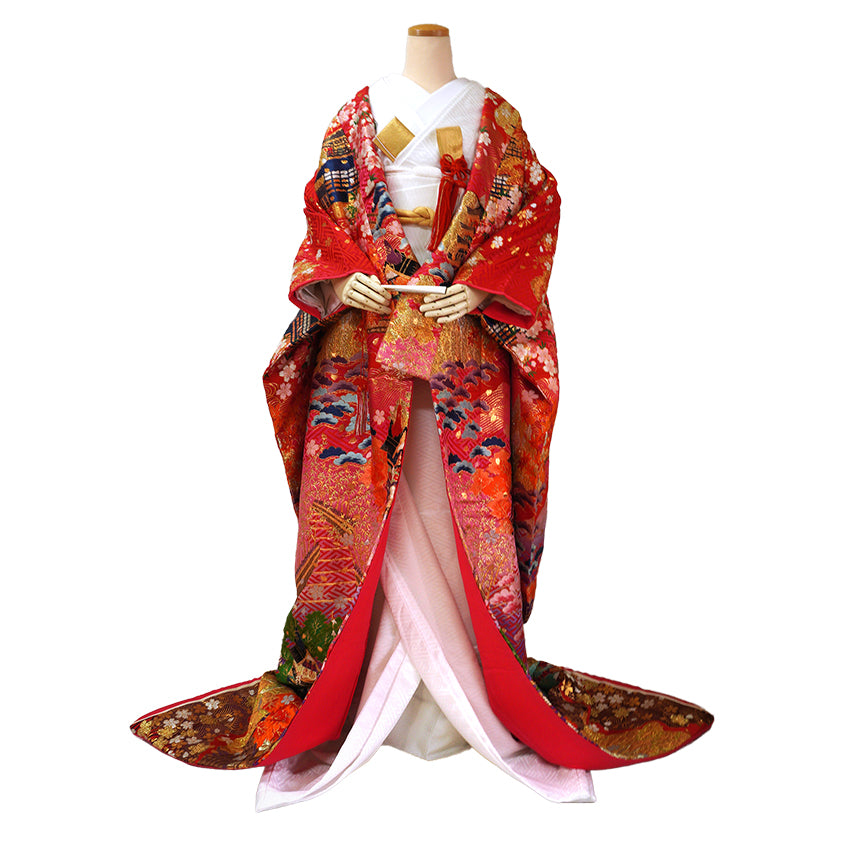 Vintage Japanese Uchikake Wedding Kimono, Red with Purple, Kinkaku-ji, Kiyomizu-dera & Cherry