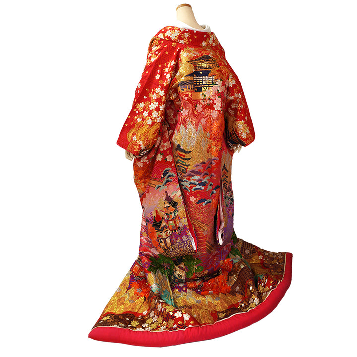 Vintage Japanese Uchikake Wedding Kimono, Red with Purple, Kinkaku-ji, Kiyomizu-dera & Cherry
