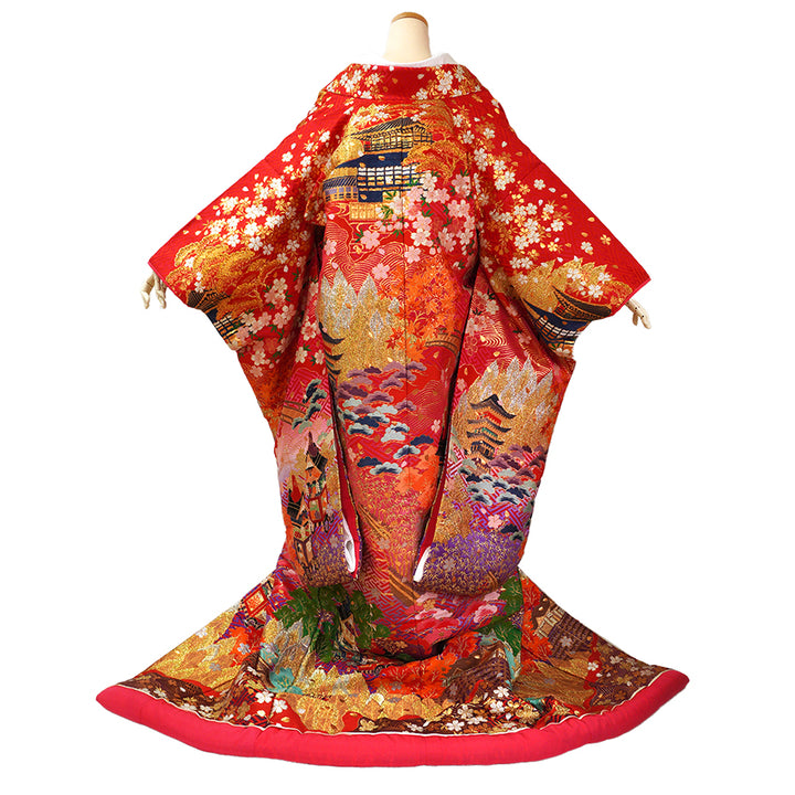 Vintage Japanese Uchikake Wedding Kimono, Red with Purple, Kinkaku-ji, Kiyomizu-dera & Cherry
