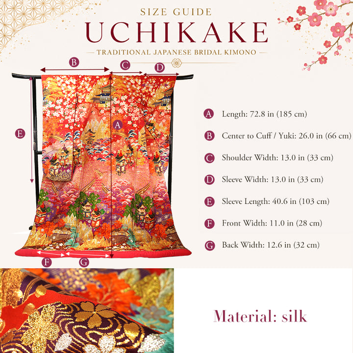 Vintage Japanese Uchikake Wedding Kimono, Red with Purple, Kinkaku-ji, Kiyomizu-dera & Cherry