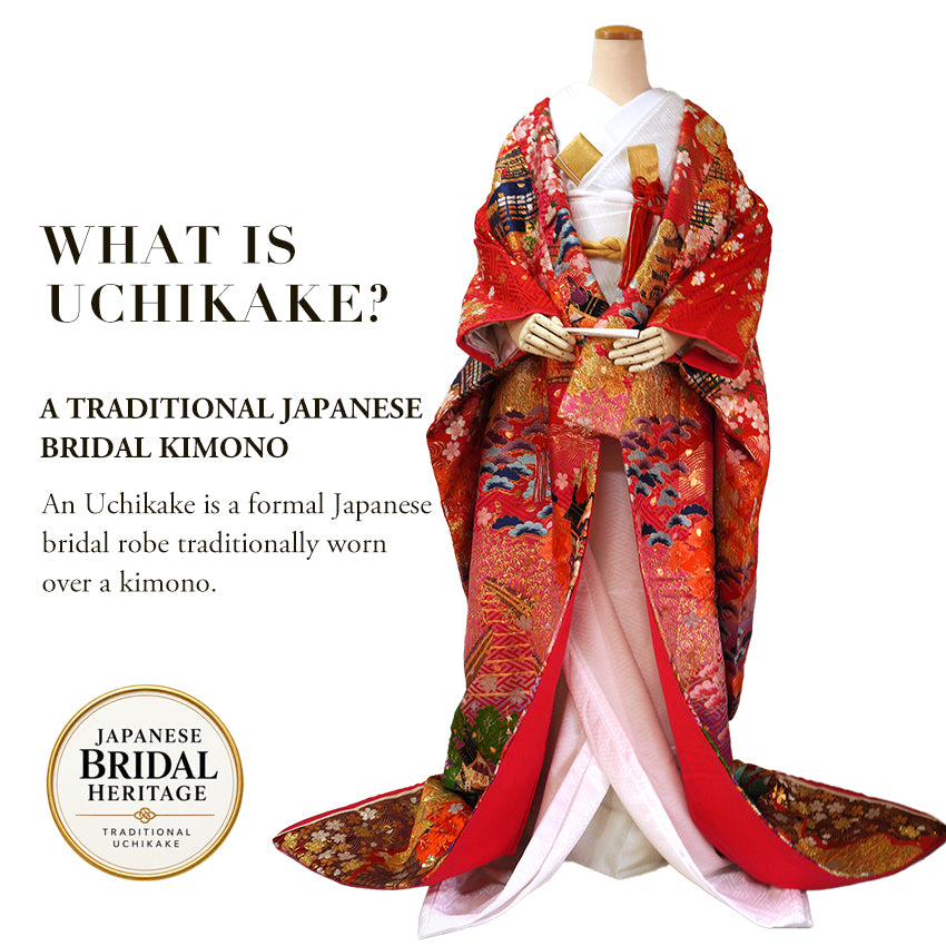 Vintage Japanese Uchikake Wedding Kimono, Red with Purple, Kinkaku-ji, Kiyomizu-dera & Cherry