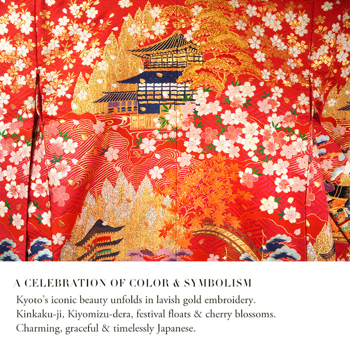 Vintage Japanese Uchikake Wedding Kimono, Red with Purple, Kinkaku-ji, Kiyomizu-dera & Cherry