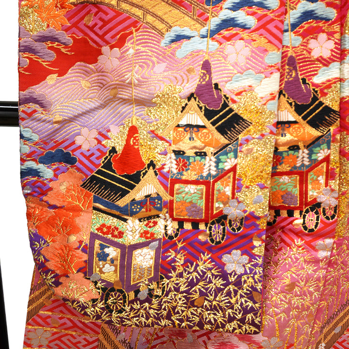 Vintage Japanese Uchikake Wedding Kimono, Red with Purple, Kinkaku-ji, Kiyomizu-dera & Cherry