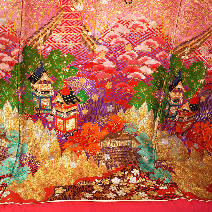 Vintage Japanese Uchikake Wedding Kimono, Red with Purple, Kinkaku-ji, Kiyomizu-dera & Cherry