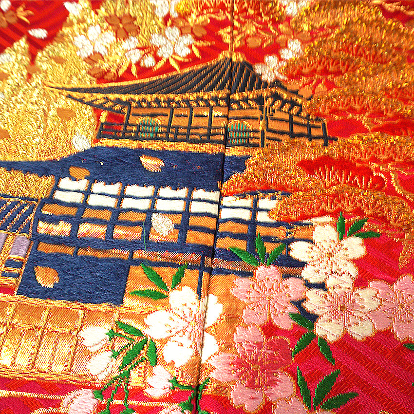 Vintage Japanese Uchikake Wedding Kimono, Red with Purple, Kinkaku-ji, Kiyomizu-dera & Cherry