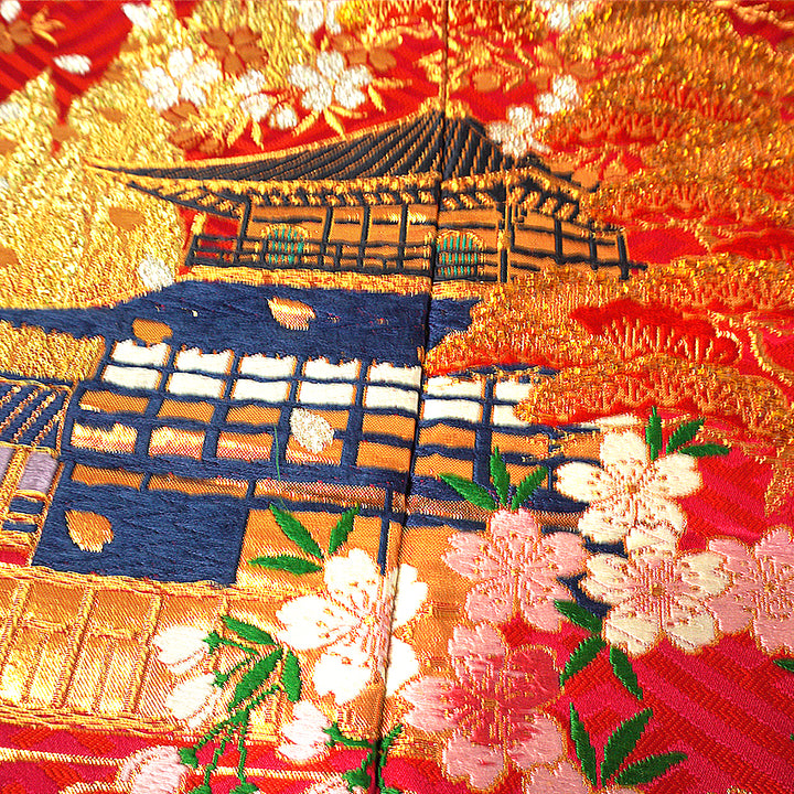 Vintage Japanese Uchikake Wedding Kimono, Red with Purple, Kinkaku-ji, Kiyomizu-dera & Cherry