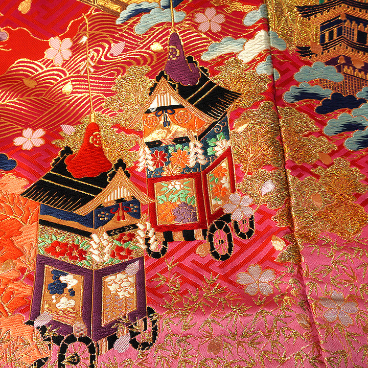Vintage Japanese Uchikake Wedding Kimono, Red with Purple, Kinkaku-ji, Kiyomizu-dera & Cherry