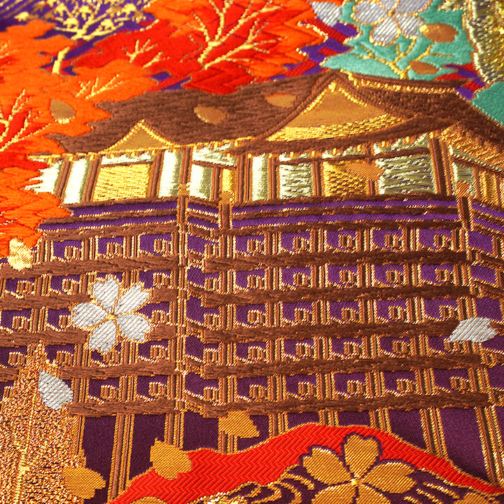 Vintage Japanese Uchikake Wedding Kimono, Red with Purple, Kinkaku-ji, Kiyomizu-dera & Cherry