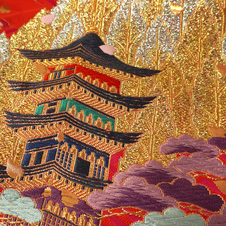 Vintage Japanese Uchikake Wedding Kimono, Red with Purple, Kinkaku-ji, Kiyomizu-dera & Cherry