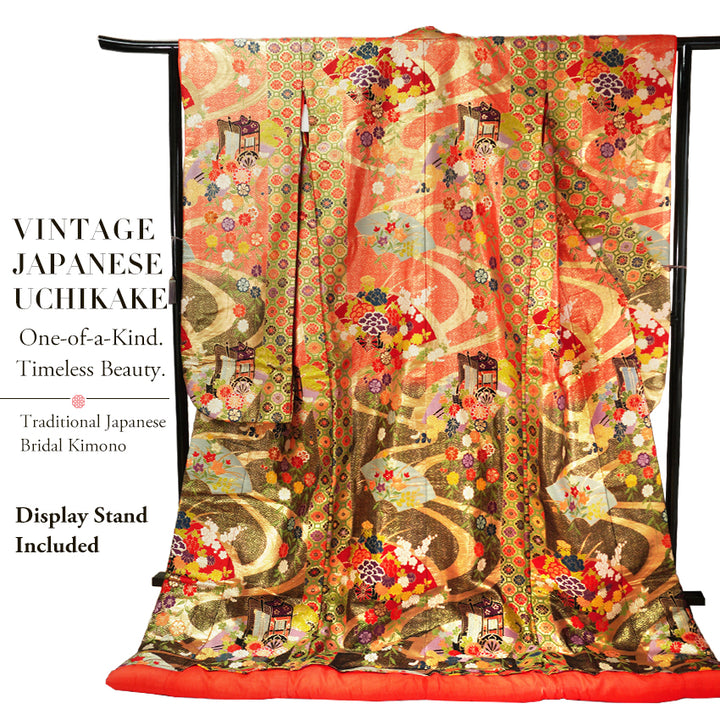Vintage Japanese Uchikake Wedding Kimono, Red & Black with Peonies, Plum Blossoms, Cherry Blossoms, Gosho-Guruma & Gold Embroidery