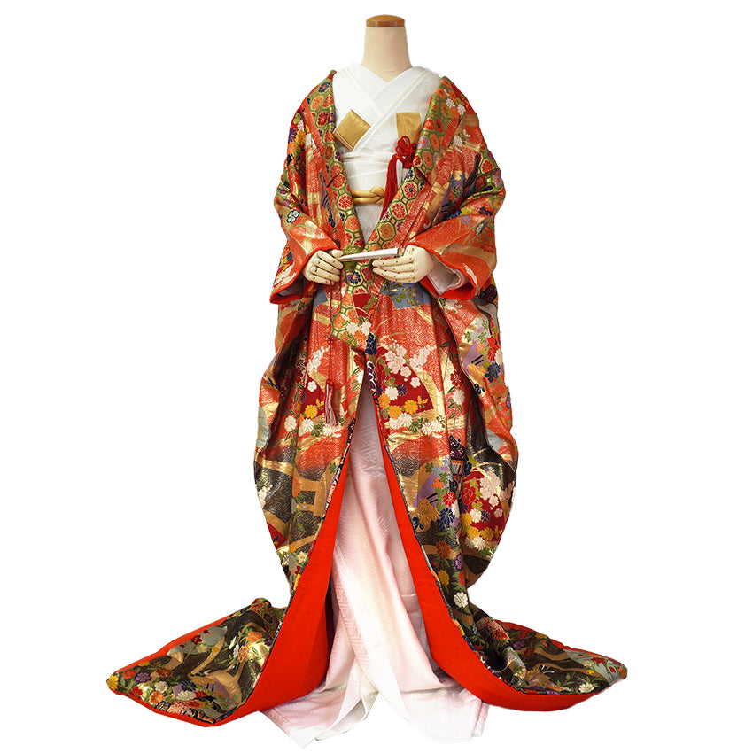Vintage Japanese Uchikake Wedding Kimono, Red & Black with Peonies, Plum Blossoms, Cherry Blossoms, Gosho-Guruma & Gold Embroidery