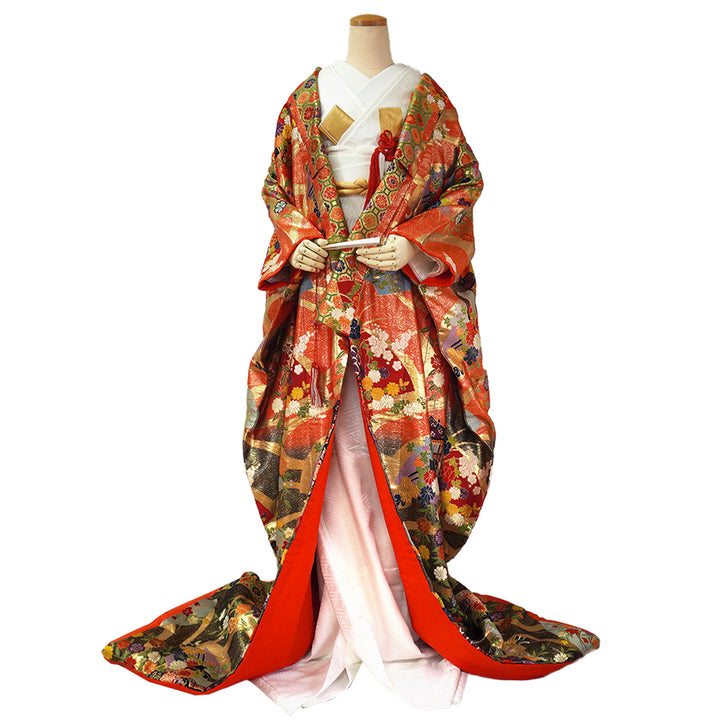 Vintage Japanese Uchikake Wedding Kimono, Red & Black with Peonies, Plum Blossoms, Cherry Blossoms, Gosho-Guruma & Gold Embroidery